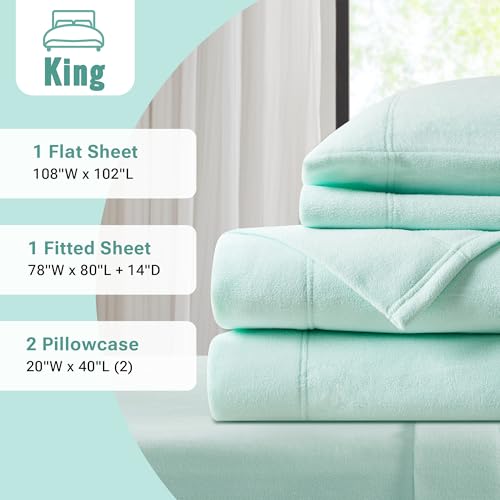 Image of True North by Sleep Philosophy Fleece Sheet Set King, Solid Color, Warm & Plush Sheets Soft Fleece Bedding Set, King Size Sheets, Fitted Pocket Fits Up to 16 inch Mattress, King Aqua 4 Piece