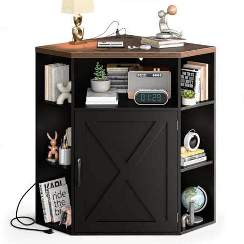 Image of Halitaa Corner Storage Cabinet, Farmhouse Corner Bookshelf with Storage 6-Cubby Wooden Cabinet with USB Ports and Outlets Industrial Organizer for Small Space, Study, Playroom, Black and Brown
