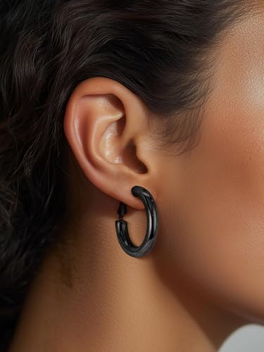 Stainless Steel Chunky Hoop Earrings For Women, Minimalist and Chic, Black/Gold Plated, Round Hoops Earrings Hypoallergenic, Size: 30mm/40mm/60mm/80mm, Come with Box3