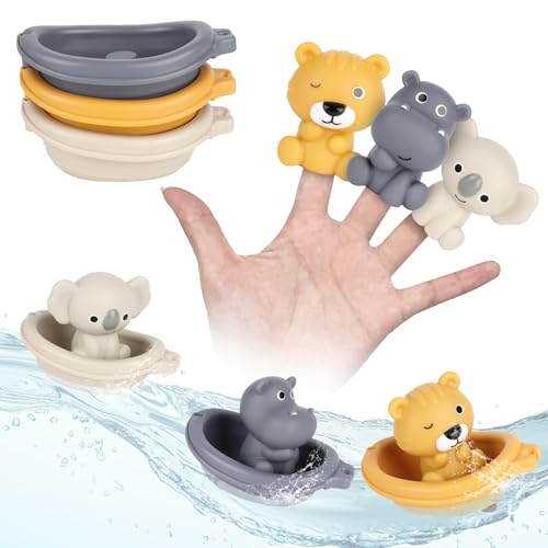Bath Pool Toys for Toddler, Stacking Toys with 3 Boat 3 Sensory Finger Puppets, Toddler Toys Gifts for 2-4 Year Old Boy Girl, Model B