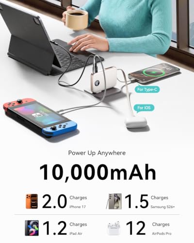 Image of Portable Charger Power Bank 10000mAh, 45% Smaller Built-in Cables & AC Plug