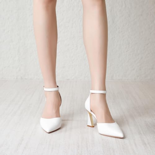 Image of RIBONGZ Comfortable Kitten Heels for Women Pointed Closed Toe Ankle Strap Buckle Heels Slip on Low Heel Church Pumps Wedding Bridal Party Dressy Shoes