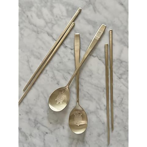 cozymomdeco Korean Made Traditional Pattern Engraved Chopsticks Spoon Set 18-10 Stainless Steel Gold Color 2SET Cover