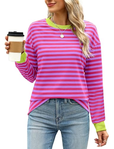 WIHOLL Womens Tunic Tops Long Sleeve Tops Crew Neck Striped Shirt