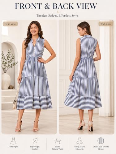 Image of BROVAVE Womens 2026 Summer Sleeveless Shirt Dress Collar Striped V Neck Casual Midi Dresses