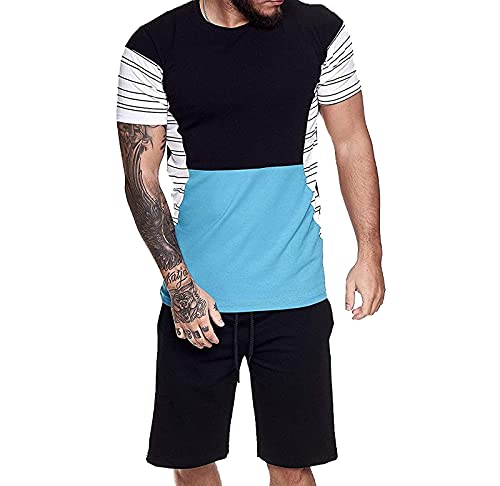 Survêtement d'été pour homme, t-shirt à manches courtes, short et ensembles de sport à rayures, couleur contrastée, vêtements de sport, fitness, jogging - Bleu - L Cover