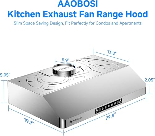 Image of AAOBOSI 30 Inch Under Cabinet Range Hood, 800 CFM Stainless Steel Kitchen Vent Hood with Gesture Sensing, Touch Control, 3-Speed Exhaust Fan, LED Lights, Ducted Range Hood