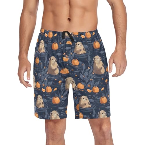 ALAZA Otter Orange Fruit Flower Men's Pajama Shorts Sleepwear Pajama Bottom Lounge Pants Wear with Pocket