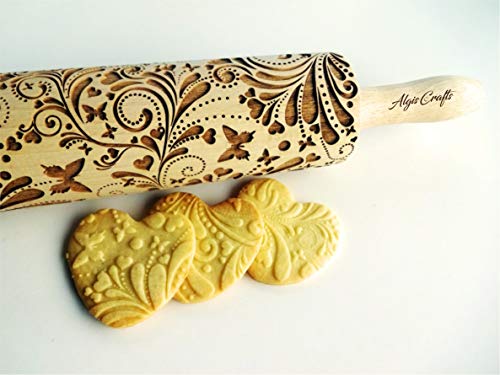 SPRING embossing rolling pin. Wooden embossing rolling pin with flowers and butterflies. Embossed cookies. Gift for Mother, Grandmother, friend.