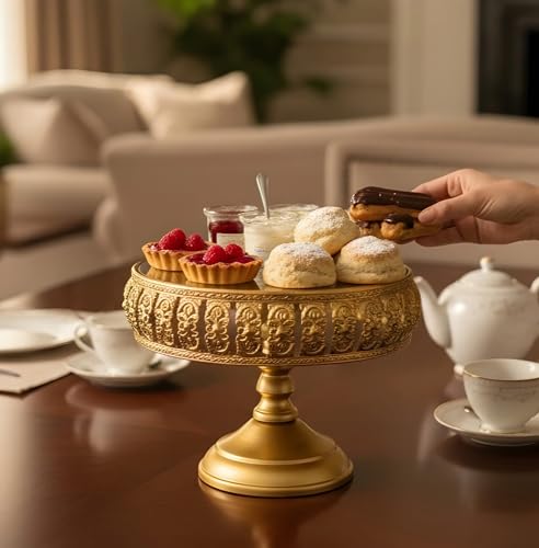 Image of Vintage Gold Cake Stand - 8 Inch Round Ornate Metal Cupcake Holder, Elegant Dessert Display Platter for Weddings, Birthday Parties, Baby Showers, and Afternoon Tea (Oval)