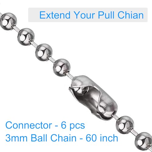 Image of Ceiling Fan Pull Chain, 60 Inch Pull Chain Extension for Ceiling Fans and Light Fixture, Rust Proof Stainless Steel Ball Chain with Matching Connectors (3mm Diameter, Silver)