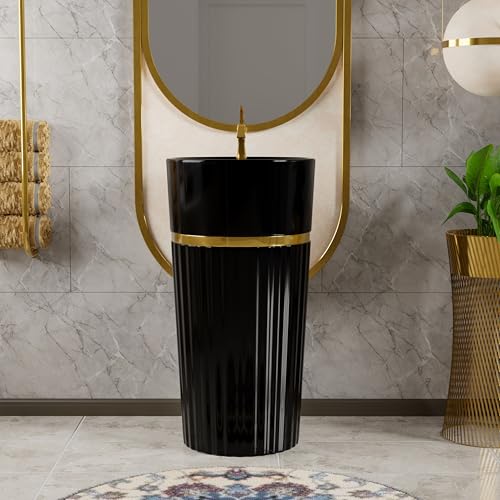 Image of BASSINO 18x18x33 Inches Ceramic Pedestal Wash Basin /7 Years Warranty /One Piece Free Standing Basin For Bathroom /Living Room /Salons /Round Modern Sink /Floor Mounted Washbasin(Glossy Black & Gold)