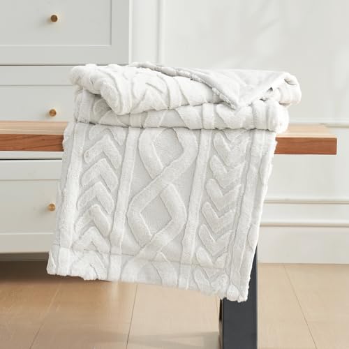 Cozy Bliss Faux Fur Throw Blanket for Couch, Jacquard Fuzzy Plush Soft Thick Winter Throw Blanket for Sofa Bed Living Room Bedroom,50\"x60\" Beige