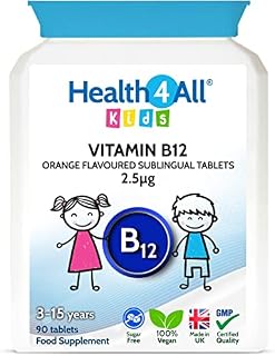 Kids Vitamin B12 2.5mcg Sublingual 90 Tablets (V) Vegan Methylcobalamin Chewable Tablets for Children. Orange Flavoured. Made in The UK by Health4All
