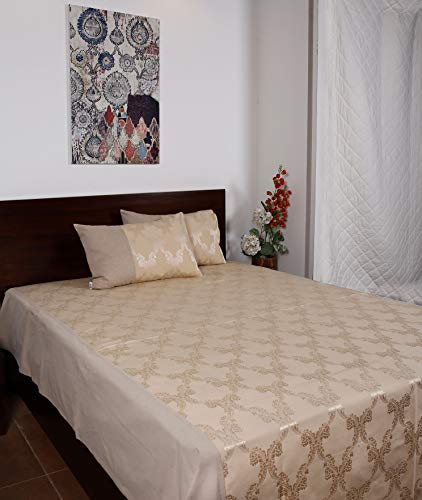 Image of Beige Self Design Double 275 TC Cotton Jacquard Printed Bedcover with 2 Pillow Covers, Pack of 1 | 90x102 Inches