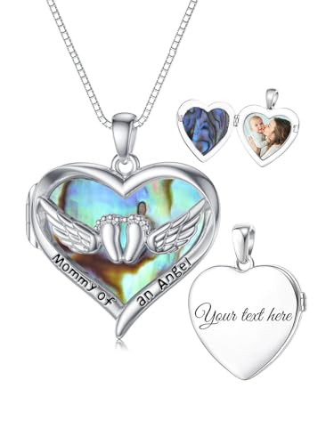 Dorunmo Locket Necklace Sterling Silver Mommy of an Angel Necklace Angel Wing Foot Print Photo Pendant Necklace -Jewelry Gift for Women, Mom, Her