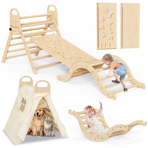 Image of Sehloran Large Size 8 in 1 Pikler Triangle Set with Pinball Game and Tent for Kids, Foldable Toddler Climbing Toys Indoor, Natural Wooden Montessori Climbing Set Jungle Gym with Arch&Ramp&Ladder