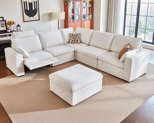 Image of Oversized Modular Sectional Sofa with Power Recliner, Plush Cloud Couch with Headrest, Convertible Deep L-Shaped 6 Seater with Corner and Storage Ottoman, Chenille, White