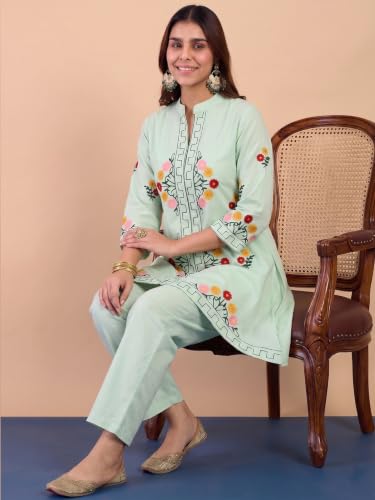 Image of ANNI Designer Women Kurta Set | Cotton Embroidered A-Line Kurta with Pant Co-ord Set | 3 /4 Sleeve Mandarin Collar Kurti Set for Women | Daily Office Party Wedding Ethnic Suit