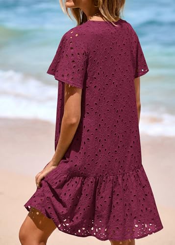 Image of KIRUNDO Eyelet Dresses for Women Button Down Mini Babydoll