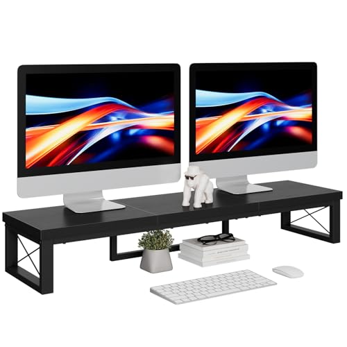 IBUYKE Soporte Doble Monitor Escritorio, 97cm Madera de Elevador Monitor Soporte, Doble Pantalla Oficina de Escritorio, apto para PC, Impresoras, Portátiles y TV, Accesorios Ordenador, Negro TDJ002B