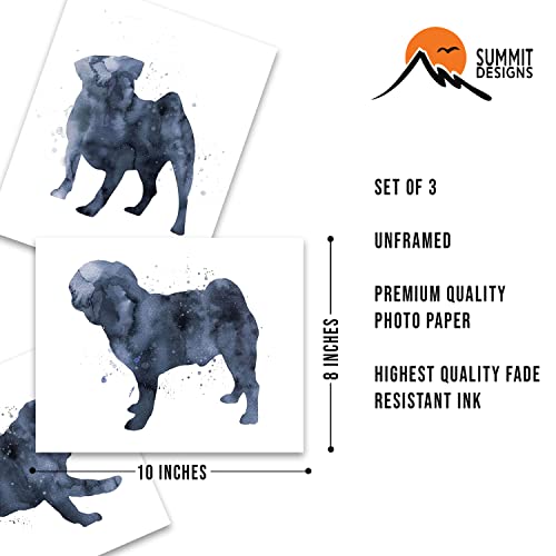 Summit Designs Pug Wall Art Decor - Set Of 3 Prints (8X10) - Poster Photos - Puppy Dog Watercolor #TOP5