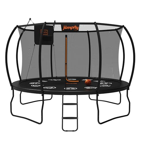 Jumpfly 10FT Trampoline Outdoor for Kids Trampoline with Basketball Hoop Recreational Trampolines Heavy Duty Anti-Rust ASTM Approved Black