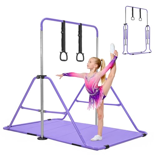 BREEZENEST Foldable Kids Gymnastics Bar Set with Mat & Rings, 4-Level Adjustable Height (89-129cm), Stable Triangular Frame, Home Gym Gear for Boys & Girls 3-12 (Purple)