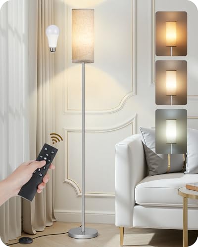 Image of Dimmable Floor Lamps for Living Room with Remote and Foot Switch, 64.4 inch Modern Standing Tall Lamp, Corner Lamp for Bedroom, Office, Bulb Included, 3000K-6500K, Beige and Silver, FCC Listed SE06LD05W1