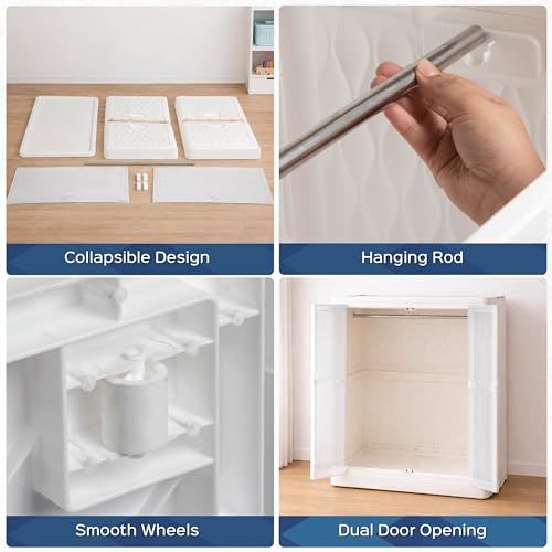 Image of HomeStrap Foldable Plastic Wardrobe for Clothes, Toys & Office | Stackable Storage Cabinet with Wheels, Transparent & Magnetic Doors | Multipurpose Organizer for Bedroom, Kitchen | White