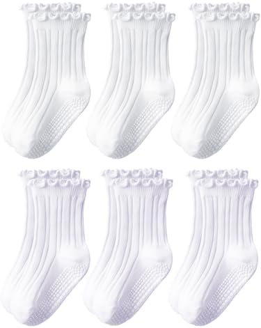 ALLOVIN Baby & Toddler Girls Non-Slip Ruffle Socks, 6 Pairs Soft Cotton Grip Socks – Ideal Gift for Baby Shower & Birthday