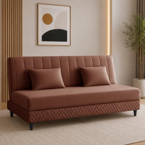Image of Rosebell Modern 3 Seater Velvet Sofa Cum Bed with Cushion | Premium Upholstered Fabric | Tufted Backrest | Wooden Legs | Living Room Furniture | Brown