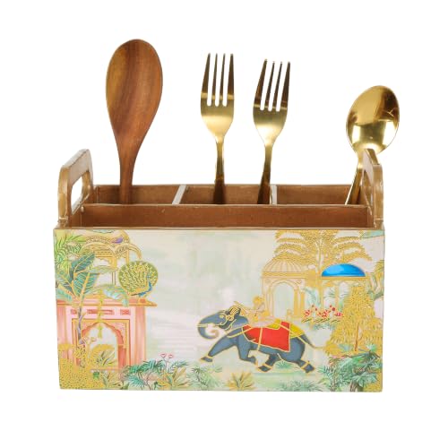 Image of Multipurpose MDF Wooden Cutlery Holder| Enamel Coated |Waterproof Spoon Stand with 4 Compartments for Kitchen, Dining Table & Home Decor (Red Elephant)