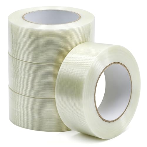 Image of 4 Rolls Strapping Tape 2 Inch x 60 Yards, Clear Packing Tape Heavy Duty, Fiberglass Reinforced Filament Tape, Strong Adhesive Reinforced Packing Tape for Shipping, Bundling & Moving