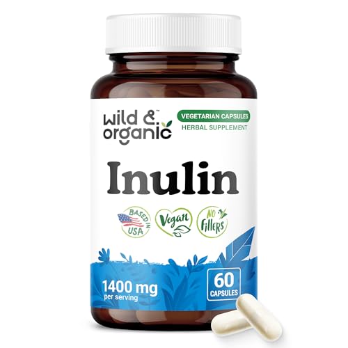 Wild & Organic Inulin Prebiotic Fiber Capsules 1400 mg - Digestive & Gut Support - Chicory Root Inulin Powder Supplement - Vegan No Fillers Non-GMO - 60 Count