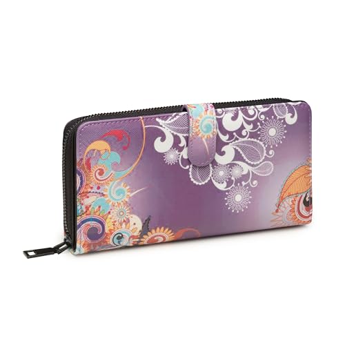 KARMA.DIEM Premium Damen Geldbörse Groß – Edles geprägtes Kunstleder mit Boho Mandala Design – Portemonnaie mit vielen Kartenfächern & Reißverschluss – Ethno Geschenkidee für Frauen (Lila)