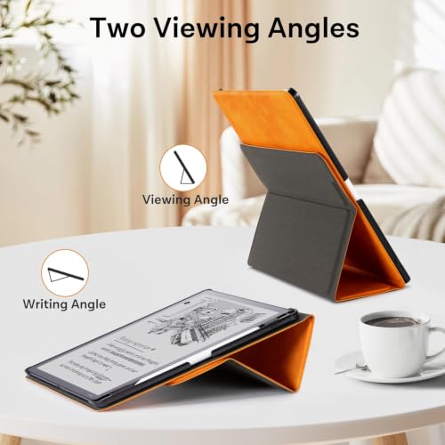 Image of CoBak Case for 11 inch Kindle Scribe 3rd Generation 2025, Kindle Scribe Colorsoft with Two Viewing Angles - All New PU Leather Cover with Auto Sleep Wake, Pen Holder. Orange Crossgrain