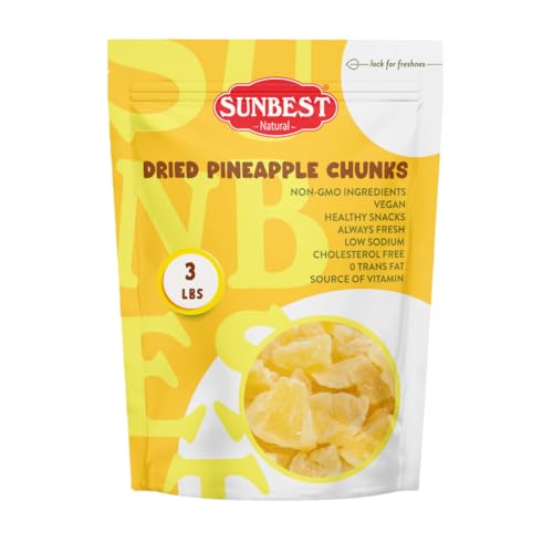 Sunbest Natural Dried Pineapple Chunks - 48 Oz (3 lbs) 1 Pack - Juicy Candied Pineapple for Snacking, Baking, & Cooking - Vegan, Kosher, Non-GMO, Plant Based Dehydrated Cut Fruit