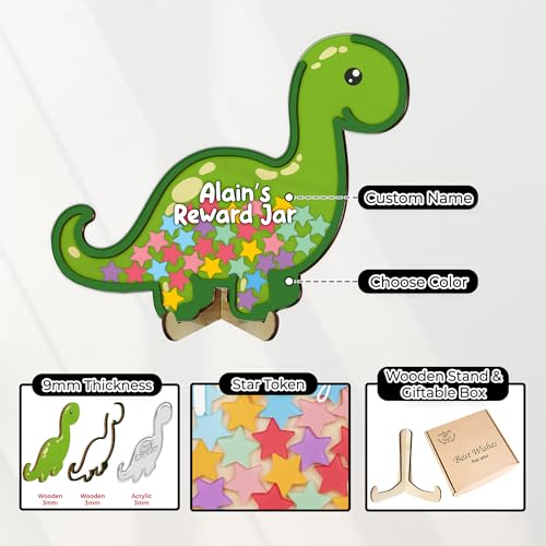 Image of Personalized Dinosaur Magnetic Reward Jar for Kids, Reward System for Kids with Colorful Star Tokens, Positive Behavior System, Classroom Motivation Tool, Back to School Gift, Toddler Potty Training