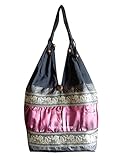  Sac à bandoulière en coton/soie avec éléphants et motif Tourbillons Noir/Rouge, 30 x 12 x 30 cm (L x l x h), hauteur totale : 65 cm