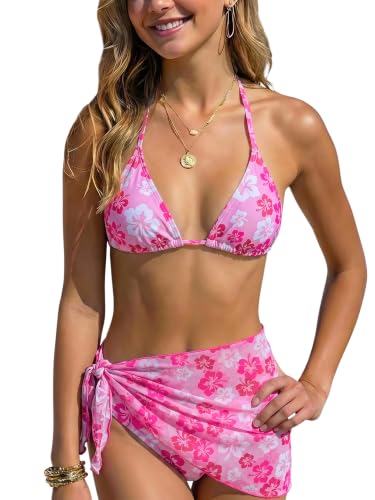 Image of SOLY HUX Girl's Summer Swimsuit Set Floral Halter Triangle Bikini Set with Wrap Skirts Beachwear