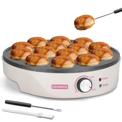 SugarWhisk Mini Pancakes Maker Machine with 14 Larger & Deeper Grooves Electric Mini Pancake Pan Aebleskiver Pan Ebelskiver Pan Browning Controllable White