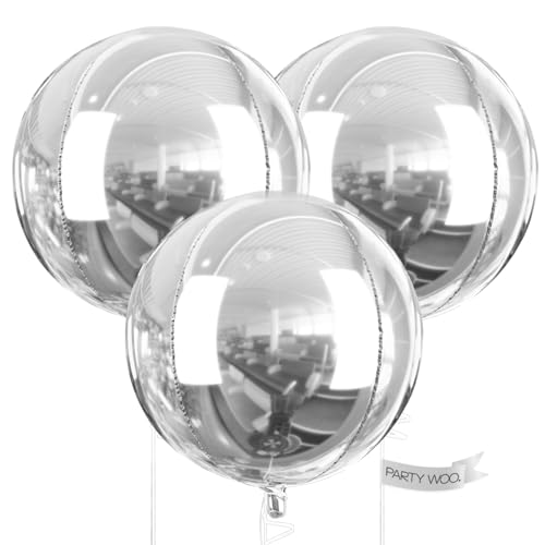 Image of PartyWoo Metallic Silver Foil Balloons 3pcs Large Round Giant 4D Balloons