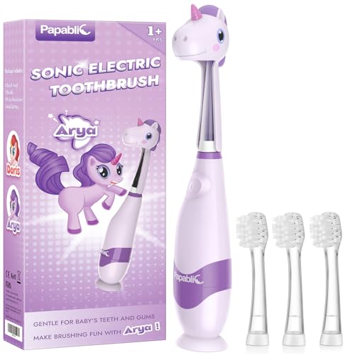 Papablic Toddler Sonic Electric Toothbrush Kids for Ages 1-3 Years, Baby Electric Toothbrush with Cute Unicorn Cover and Smart LED Timer, 4 Brush Heads (Arya)