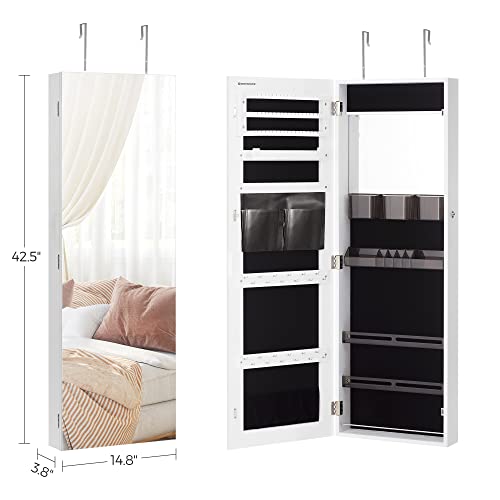 Image of SONGMICS MDF Glass Mirror Velvet Lining Lockable Jewelry Cabinet Armoire Wall-Mounted Storage Organizer With Full-Length Frameless Mirror 14.8 X 3.8 X 42.5 Inches White