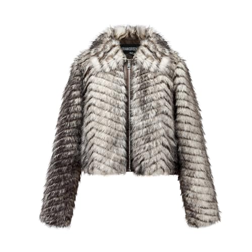 GRAN ORIENTE Women Faux Fur Leopard Print Cropped Jacket,Fleece Fluffy Leather Lined Zip Up Coat GK084A-Black&White-M