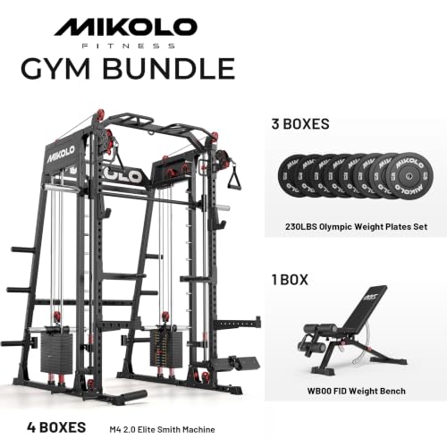Image of Mikolo M4 2.0 Smith Machine, 2200lbs Squat Rack with LAT-Pull Down System & Cable Crossover Machine, Training Equipment with Leg Hold-Down Attachment