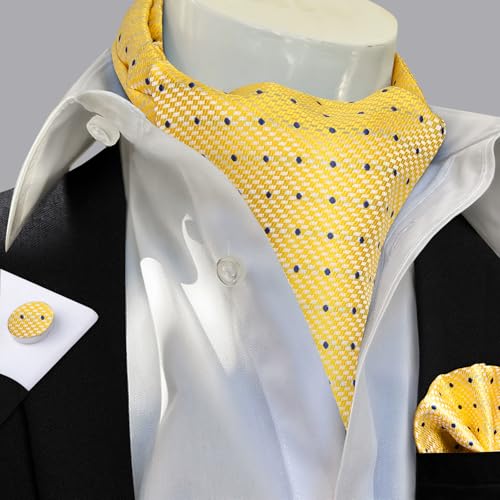 Image of DiBanGu 3PCS Ascot Ties for Men Wedding Jacquard Woven Silk Ascot Cravat for Men Cravat Tie and Pocket Square Set