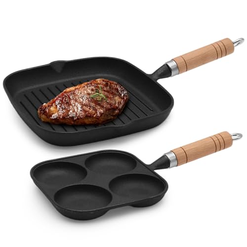 KATLKIU Sartén grill 23×23 cm + sartén de 4 cavidades – Juego de 2 piezas en aluminio fundido con mango de madera, recubrimiento antiadherente, ideal para bistec, huevos, pancakes y desayuno