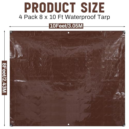 Image of 4 Pack 8 x 10 ft Brown Tarps Heavy Duty 5.5 Mil Waterproof Durable, Water Resistant, Rip & Tear Proof, Reinforced Edges, Multipurpose Firewood, Farm, Camping, Roof, Boat & Emergency Shelter
